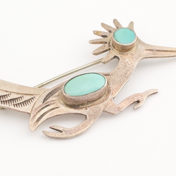 Vintage Southwestern Turquoise Sterling Silver Roadrunner Brooch Pin - Picture 2 of 3